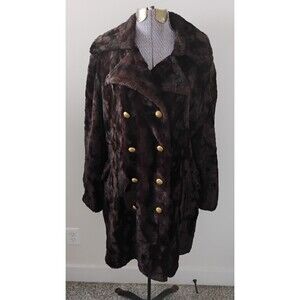 VTG 60s Faux Fur Car Coat Dark Brown Plush Double Breasted Glam Elegant Luxury L
